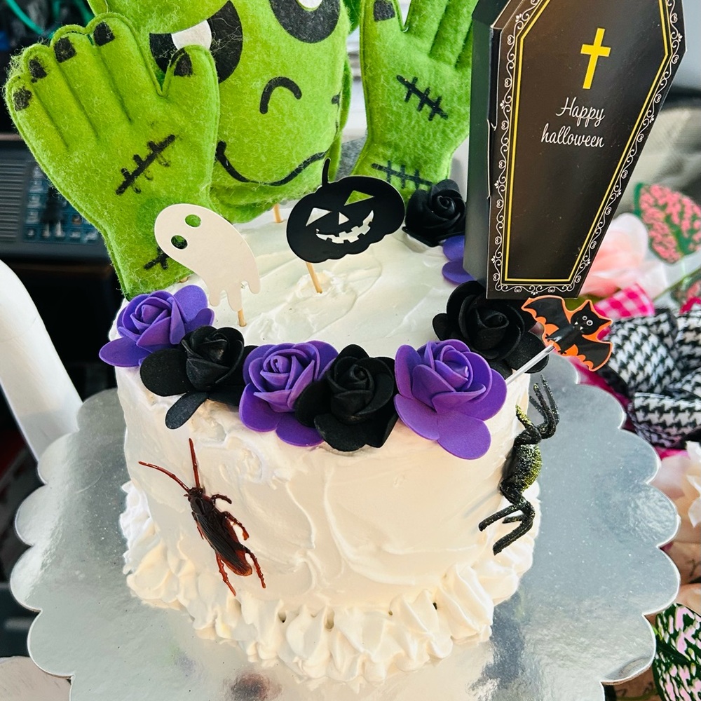 Faux coffin cake Halloween Themed Cake with Purple Roses
